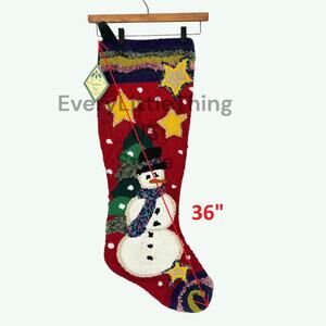 NEW Jumbo Christmas Stocking Vtg 36" Hooked Wool & Chenille Felt Backing Snowman